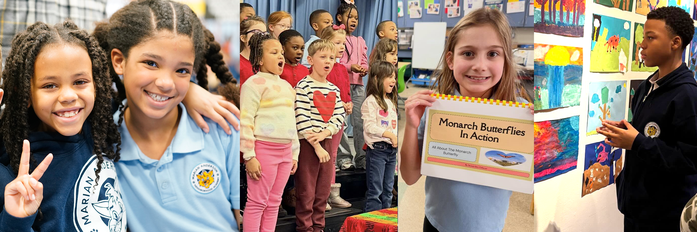 Collage of Marian Anderson students smiling, performing, presenting a project, and displaying artwork in classrooms.