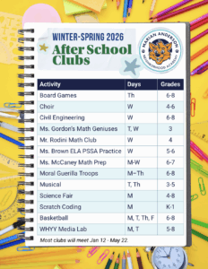 Winter-Spring 2026 After School Clubs Board Games Th 6-8 Choir W 4-6 Civil Engineering W 6-8 Ms. Gordon’s Math Geniuses T, W 3 Mr. Rodini Math Club W 4 Ms. Brown ELA PSSA Practice W 5-6 Ms. McCaney Math Prep M-W 6-7 Moral Guerilla Troops M–Th 6-8 Musical T, Th 3-5 Science Fair M 4-8 Scratch Coding M, T K-1 Basketball M, T, Th, F 6-8 WHYY Media Lab M, T 5-8